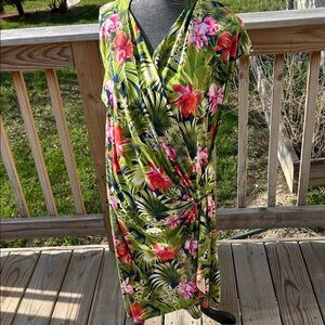 Tommy Bahama Tropical Floral Wrap-Style Dress in Green & Pink size XL